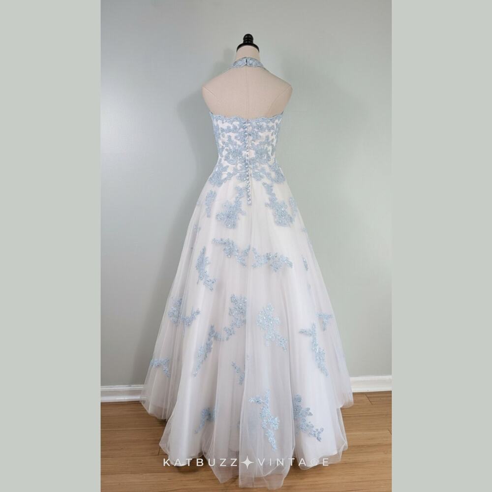 Vtg Jovani Prom Dress Maxi Gown 6 White Blue Y2K Fairy Princess Floral Wedding - Picture 2 of 16